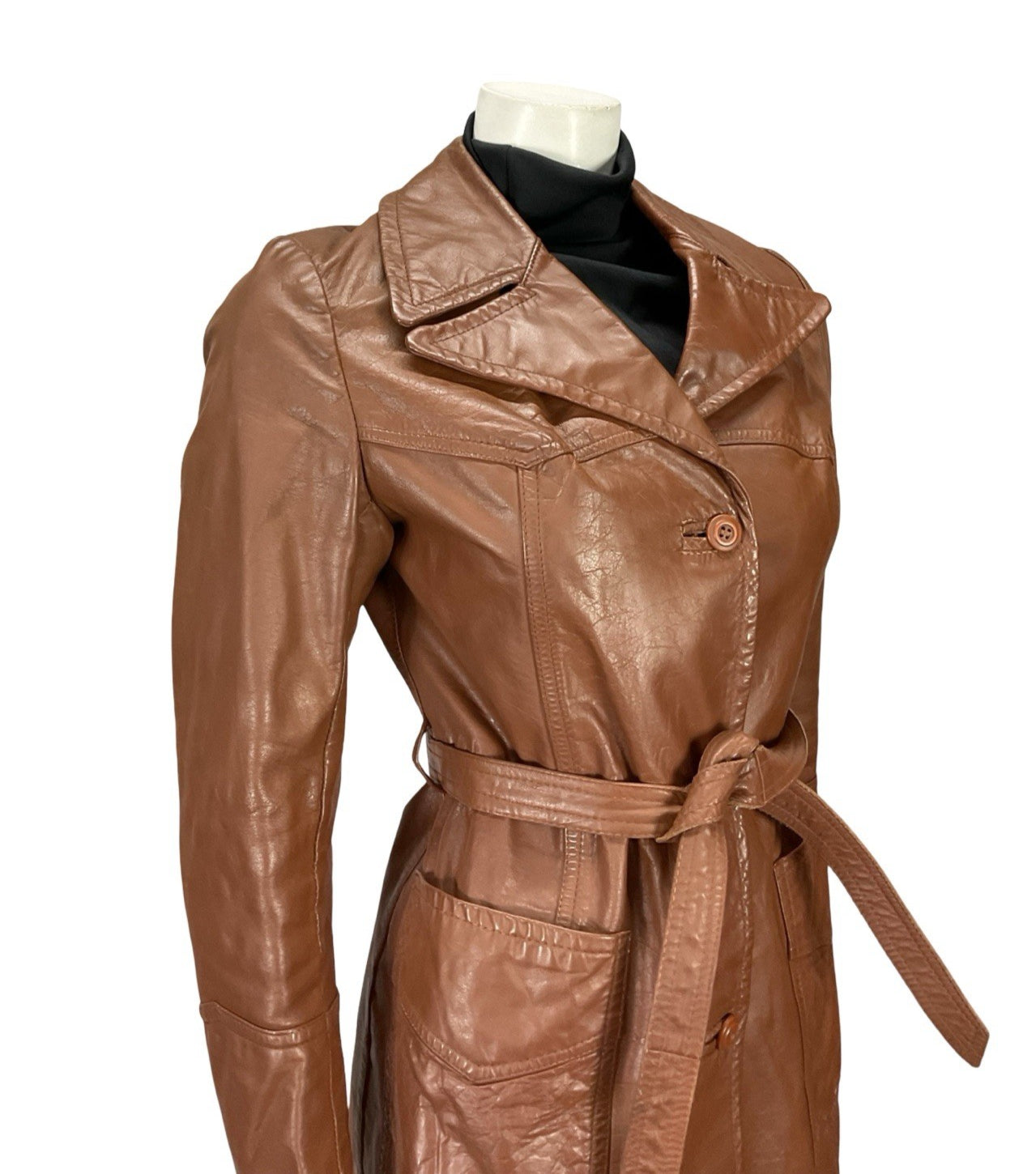 VTG 60S 70S BROWN LEATHER NOTCH LAPEL COLLAR TIE WAIST MOD JACKET 8