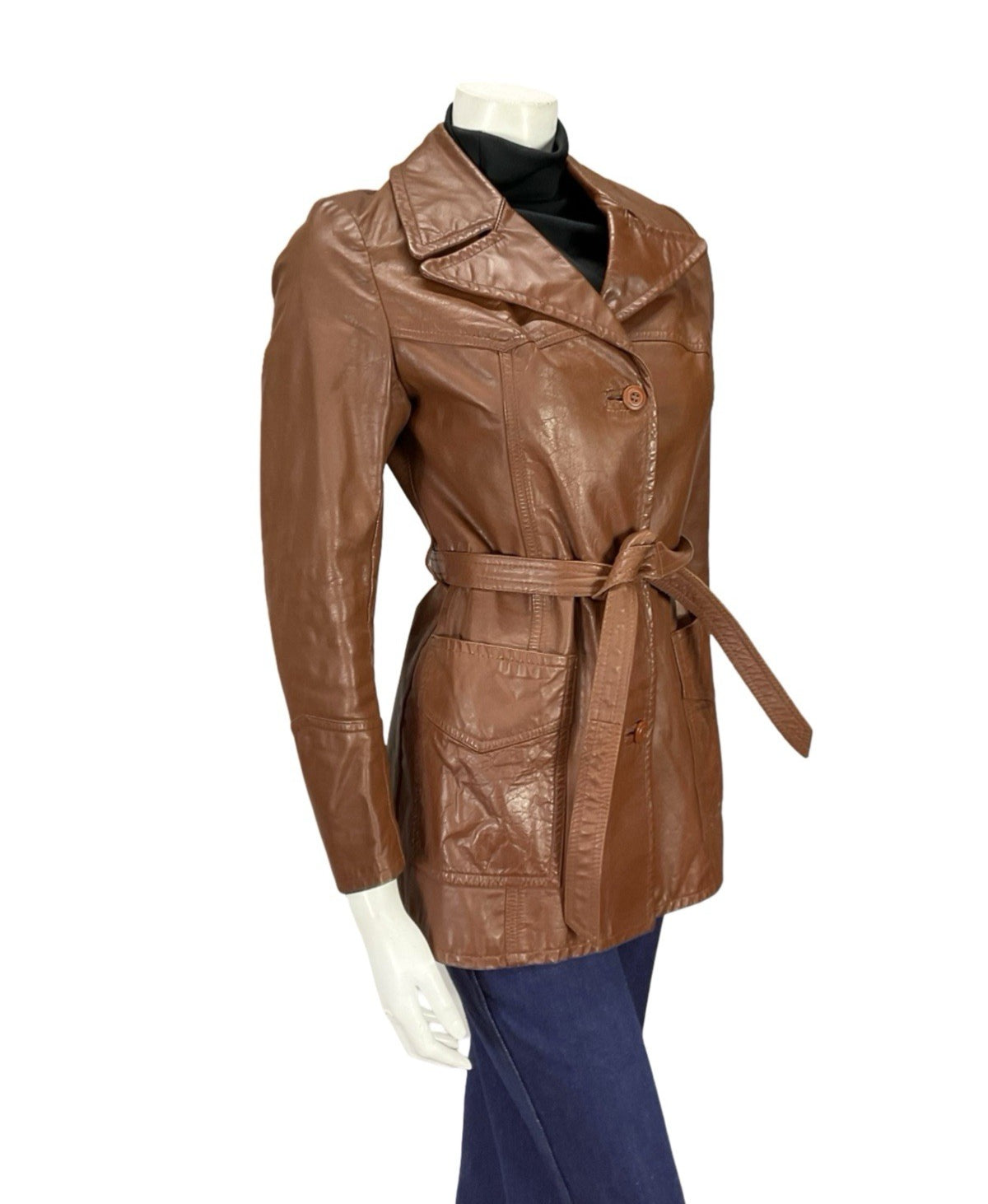 VTG 60S 70S BROWN LEATHER NOTCH LAPEL COLLAR TIE WAIST MOD JACKET 8