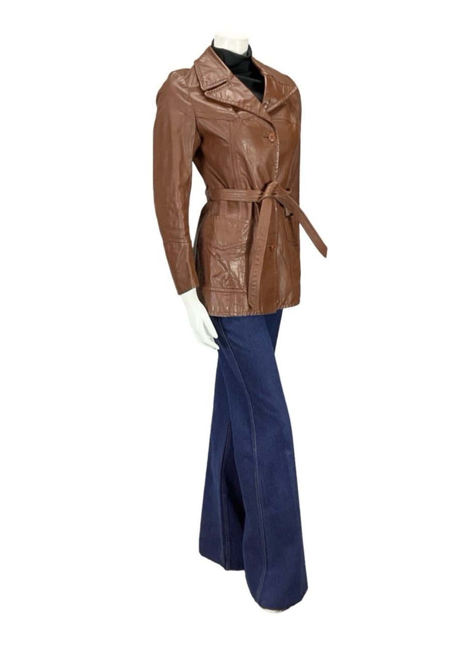 VTG 60S 70S BROWN LEATHER NOTCH LAPEL COLLAR TIE WAIST MOD JACKET 8