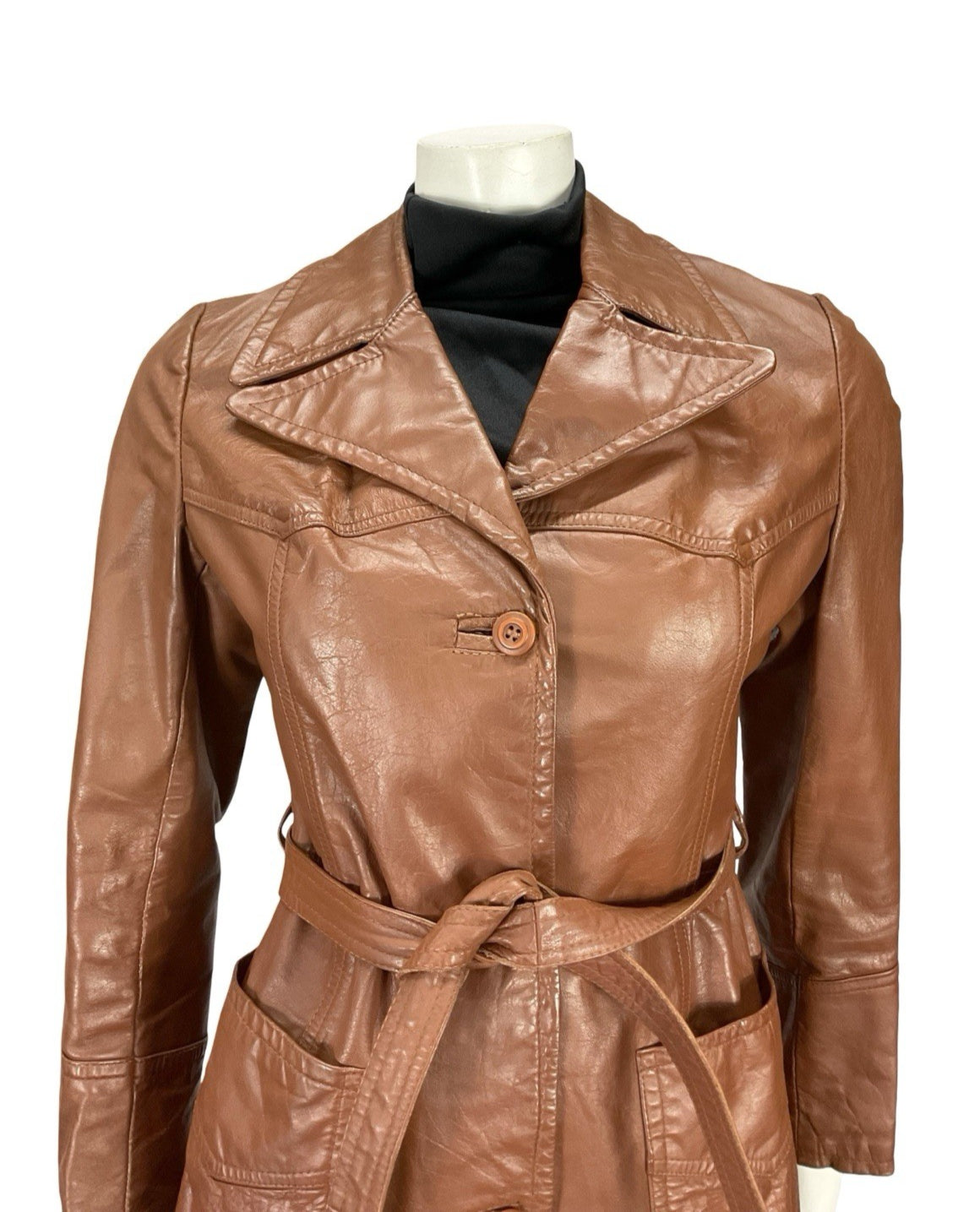 VTG 60S 70S BROWN LEATHER NOTCH LAPEL COLLAR TIE WAIST MOD JACKET 8
