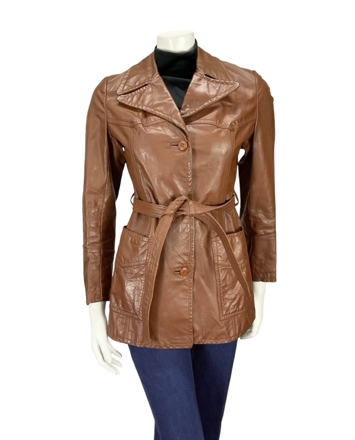 VTG 60S 70S BROWN LEATHER NOTCH LAPEL COLLAR TIE WAIST MOD JACKET 8