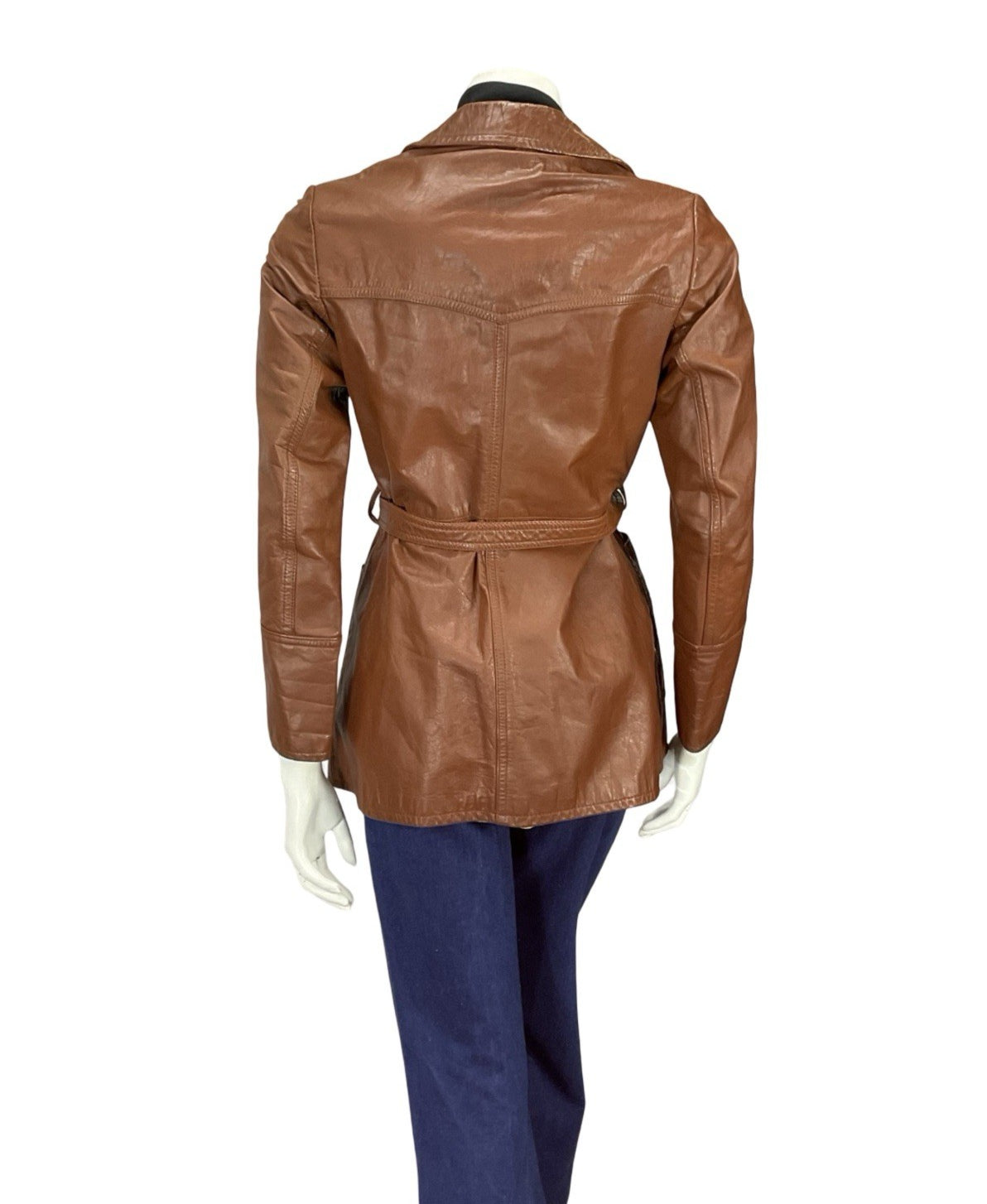 VTG 60S 70S BROWN LEATHER NOTCH LAPEL COLLAR TIE WAIST MOD JACKET 8