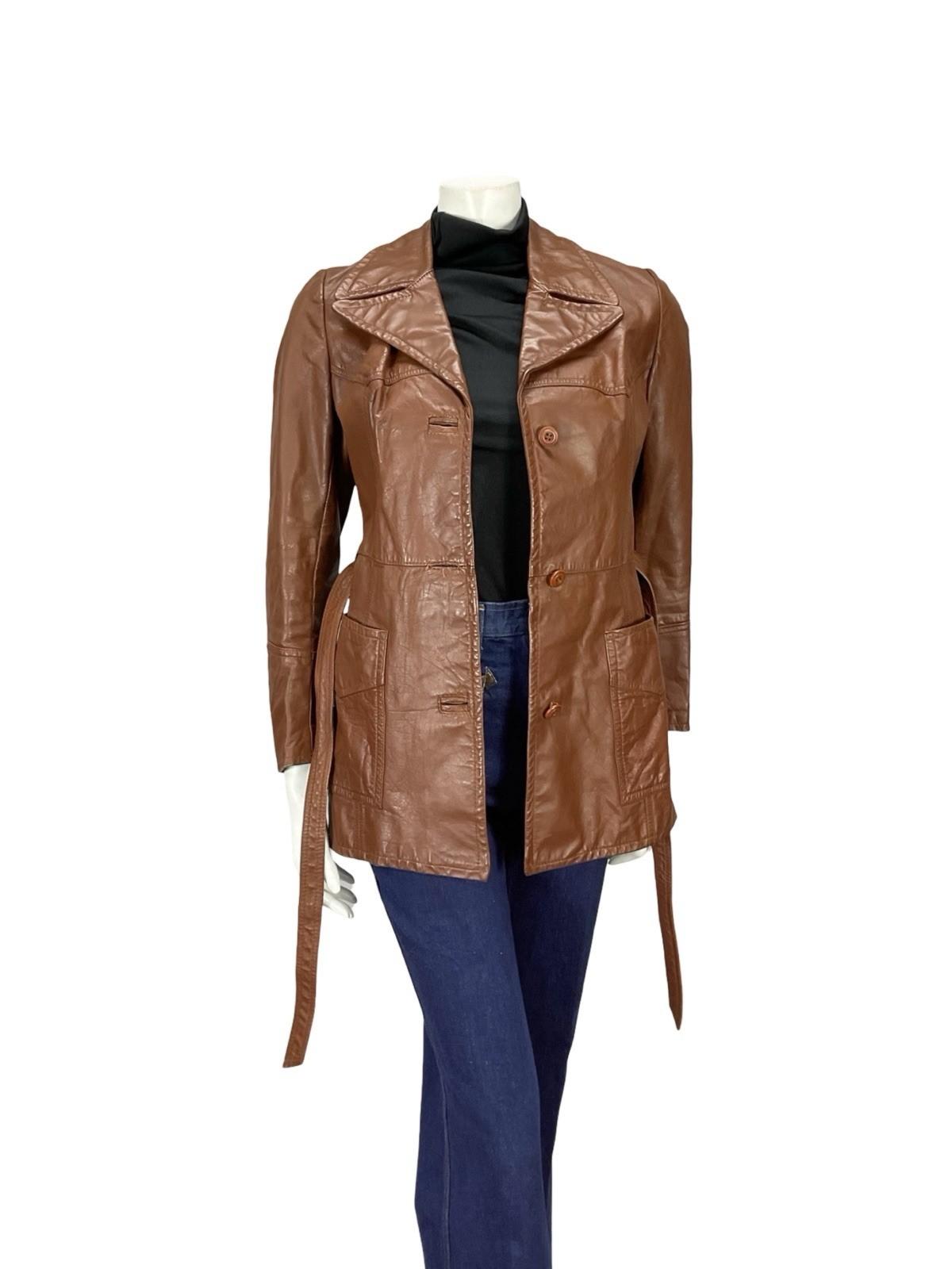 VTG 60S 70S BROWN LEATHER NOTCH LAPEL COLLAR TIE WAIST MOD JACKET 8