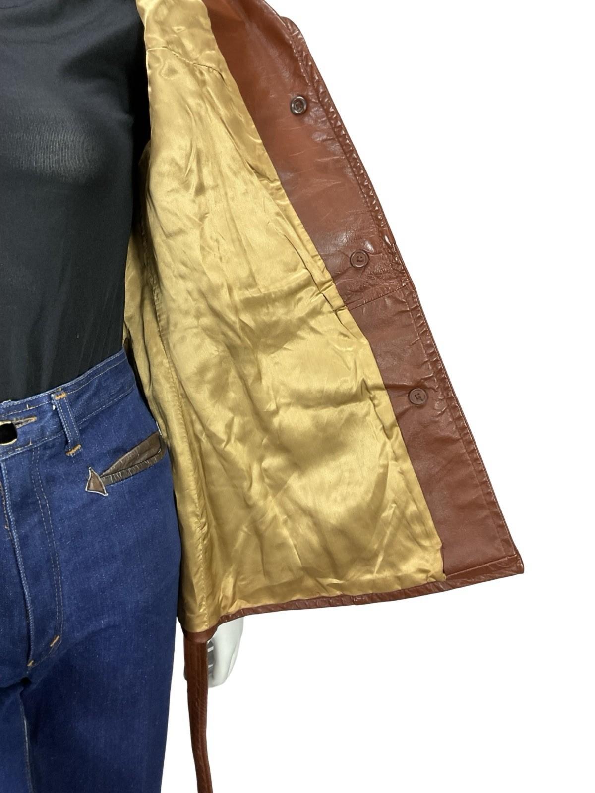 VTG 60S 70S BROWN LEATHER NOTCH LAPEL COLLAR TIE WAIST MOD JACKET 8