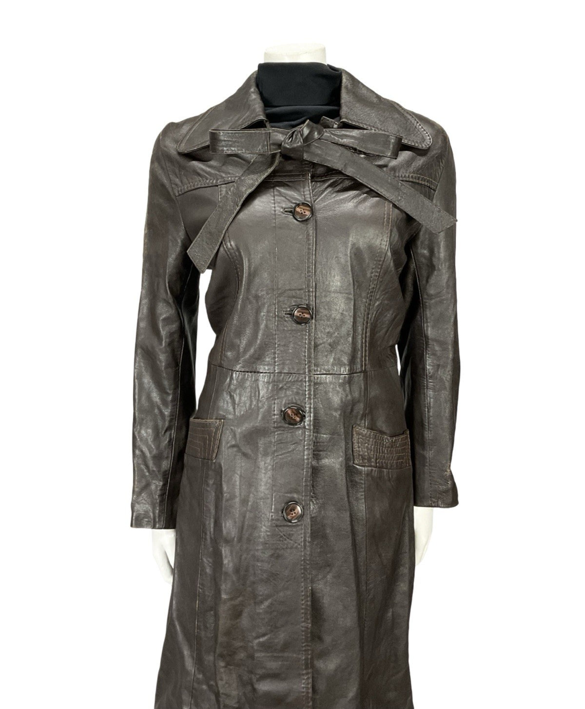 VTG 60S 70S MOD DOG EAR COLLAR BROWN LEATHER TRENCH MAC TIE WAIST BOW JACKET 12