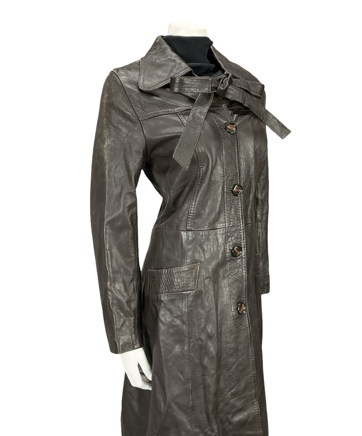 VTG 60S 70S MOD DOG EAR COLLAR BROWN LEATHER TRENCH MAC TIE WAIST BOW JACKET 12