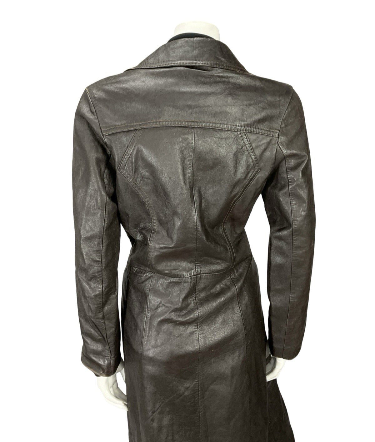 VTG 60S 70S MOD DOG EAR COLLAR BROWN LEATHER TRENCH MAC TIE WAIST BOW JACKET 12