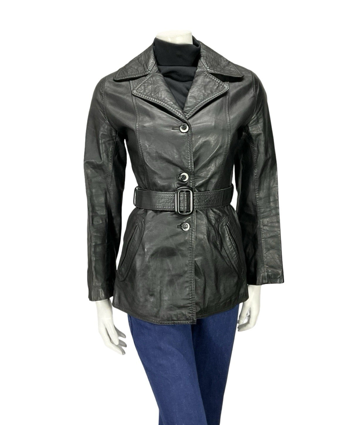 VTG 60S 70S JET BLACK NOTCH LAPEL COLLAR BELTED WELT POCKET LEATHER JACKET 8