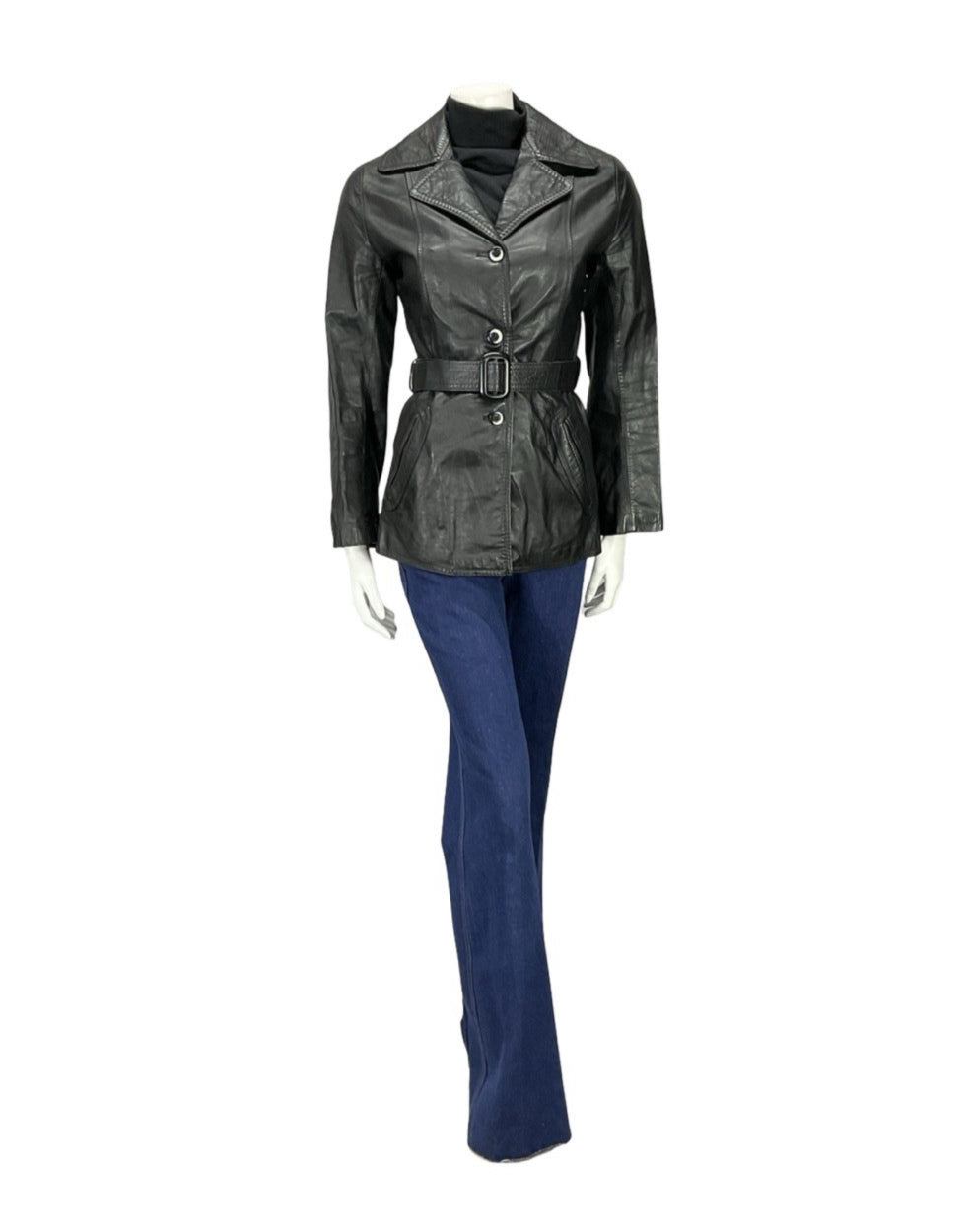 VTG 60S 70S JET BLACK NOTCH LAPEL COLLAR BELTED WELT POCKET LEATHER JACKET 8