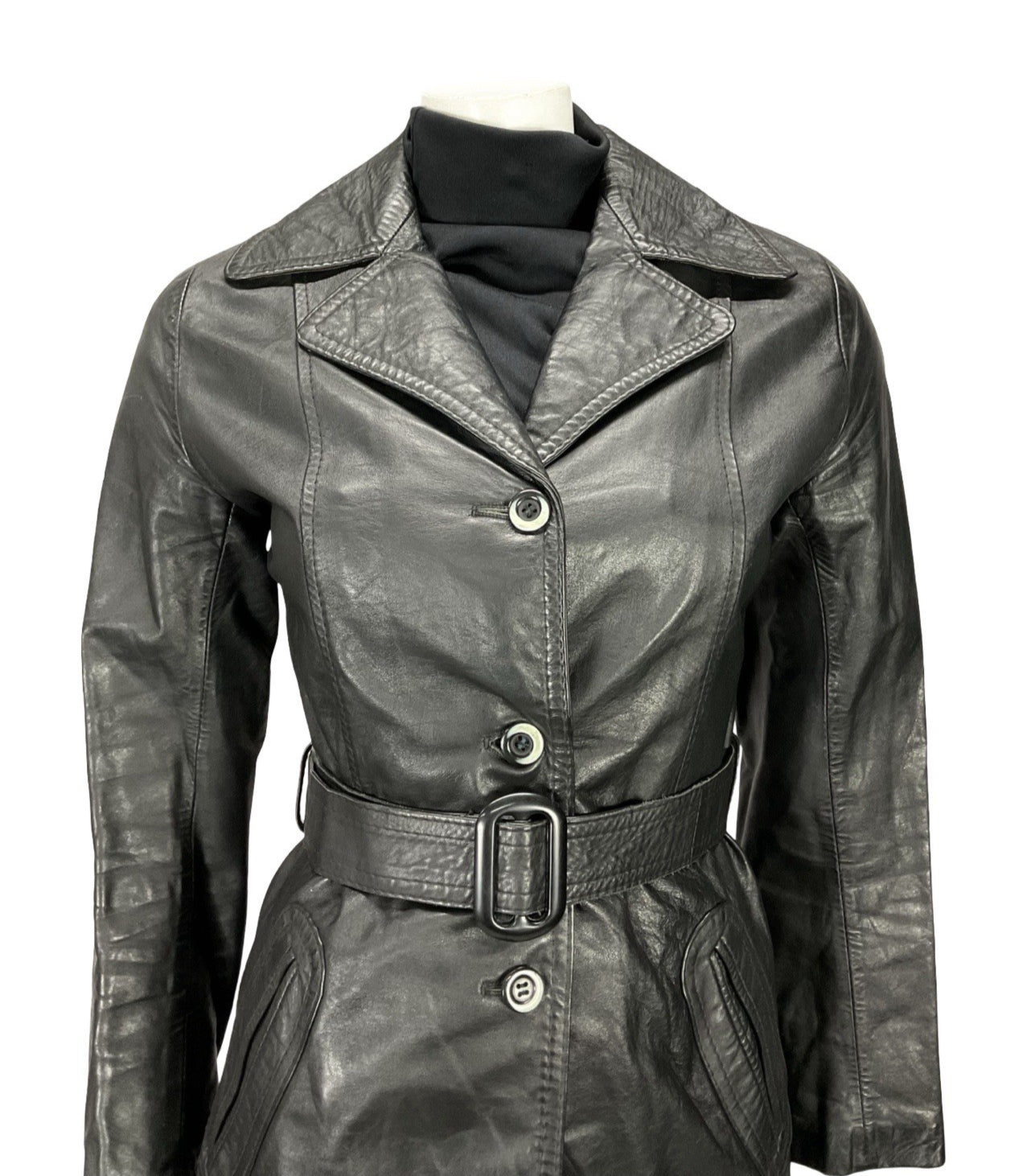 VTG 60S 70S JET BLACK NOTCH LAPEL COLLAR BELTED WELT POCKET LEATHER JACKET 8