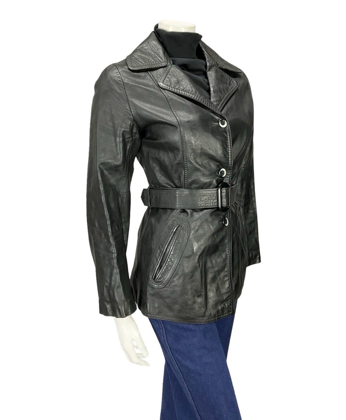 VTG 60S 70S JET BLACK NOTCH LAPEL COLLAR BELTED WELT POCKET LEATHER JACKET 8