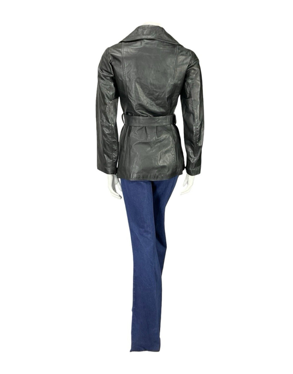 VTG 60S 70S JET BLACK NOTCH LAPEL COLLAR BELTED WELT POCKET LEATHER JACKET 8