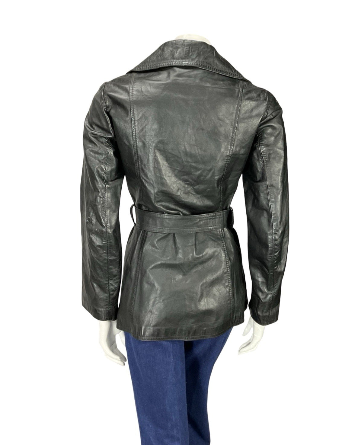VTG 60S 70S JET BLACK NOTCH LAPEL COLLAR BELTED WELT POCKET LEATHER JACKET 8