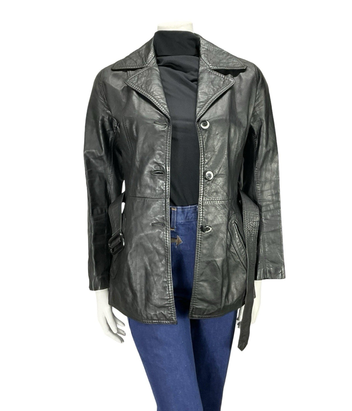 VTG 60S 70S JET BLACK NOTCH LAPEL COLLAR BELTED WELT POCKET LEATHER JACKET 8