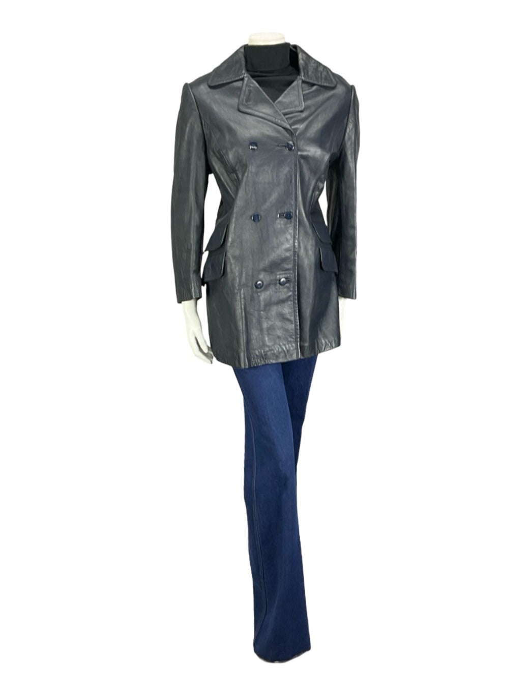 VTG 60S 70S NAVY BLUE LEATHER MOD DOUBLE BREAST CROPPED SLEEVE JACKET 14
