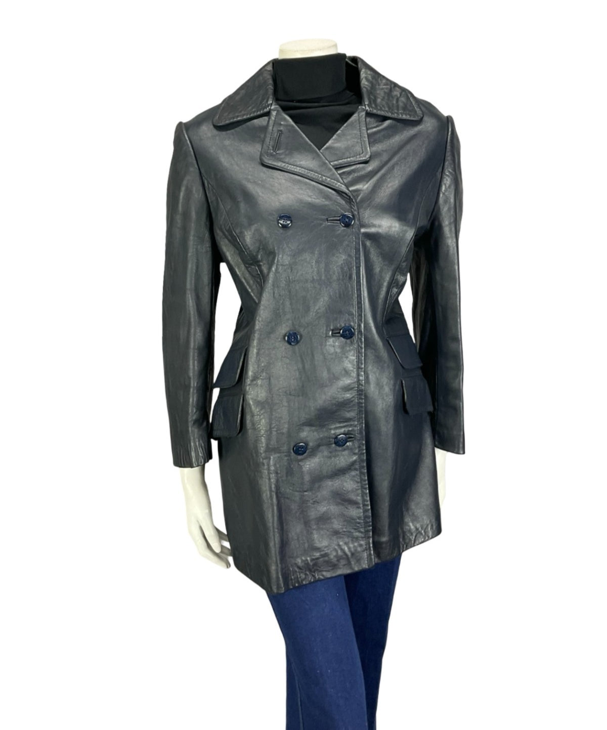 VTG 60S 70S NAVY BLUE LEATHER MOD DOUBLE BREAST CROPPED SLEEVE JACKET 14