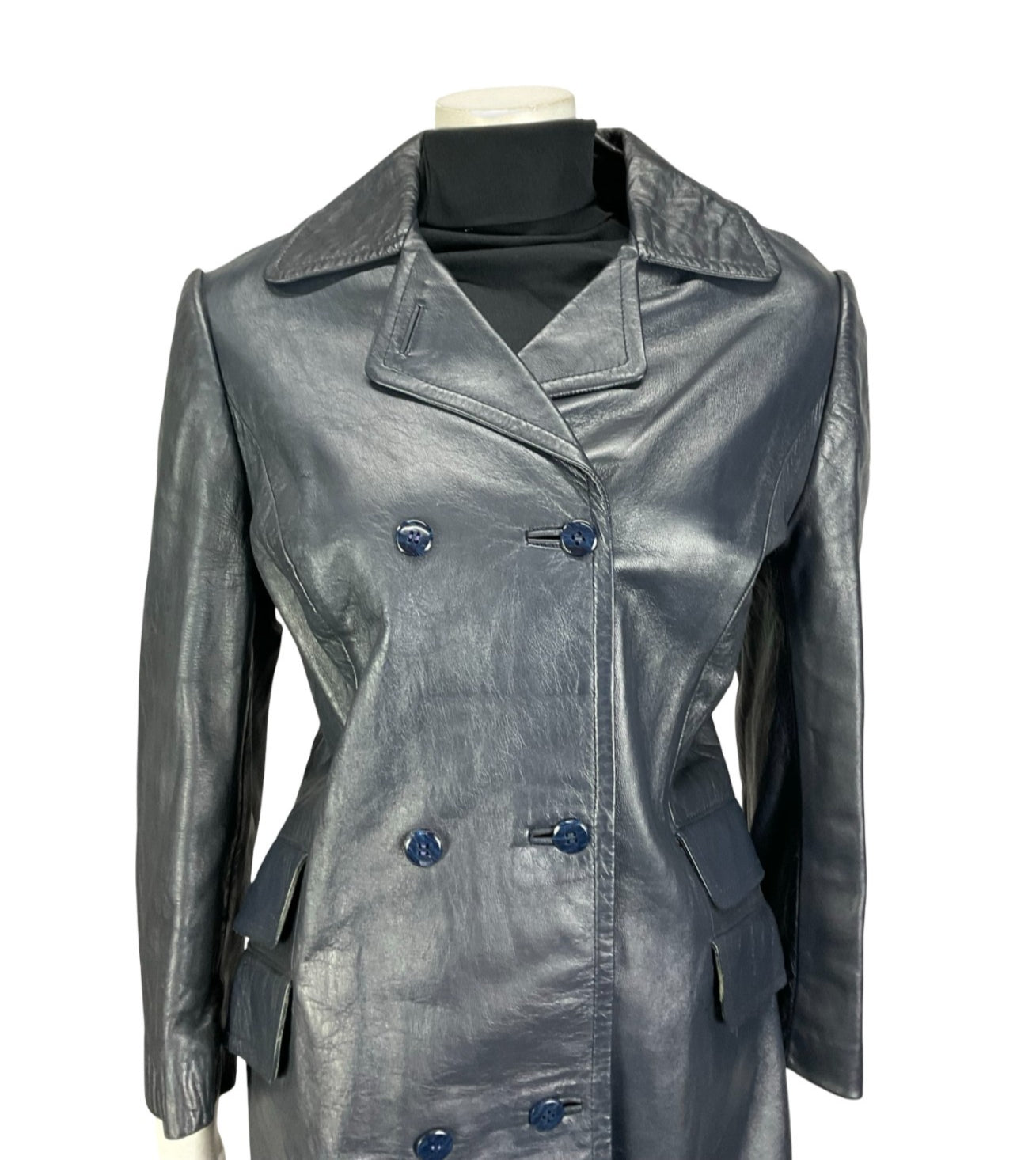 VTG 60S 70S NAVY BLUE LEATHER MOD DOUBLE BREAST CROPPED SLEEVE JACKET 14