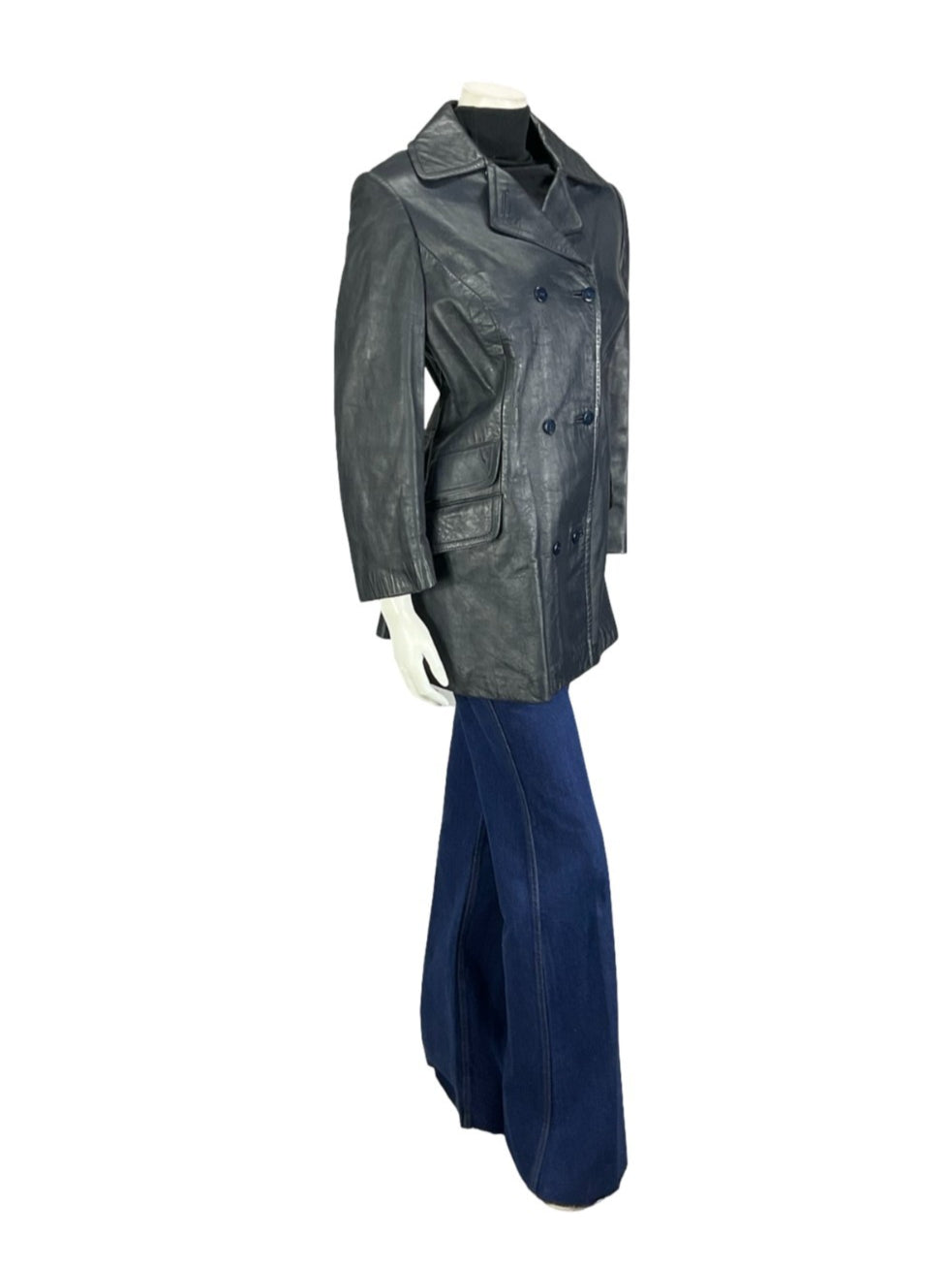 VTG 60S 70S NAVY BLUE LEATHER MOD DOUBLE BREAST CROPPED SLEEVE JACKET 14