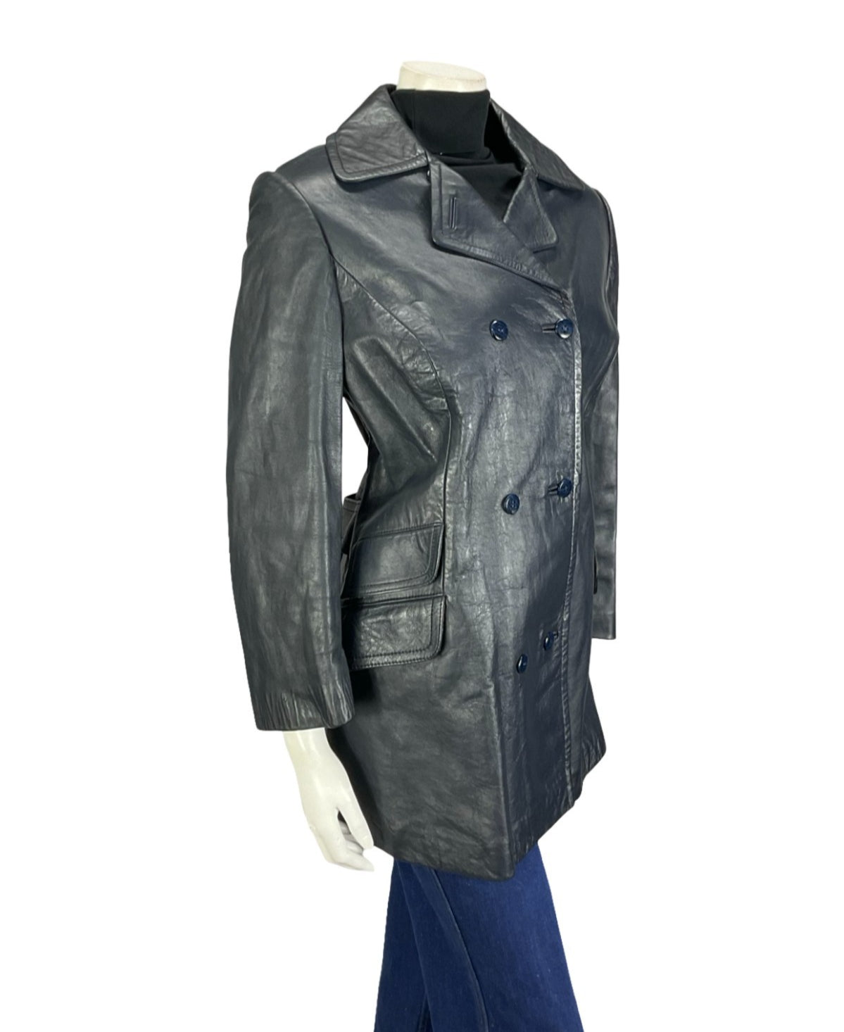 VTG 60S 70S NAVY BLUE LEATHER MOD DOUBLE BREAST CROPPED SLEEVE JACKET 14