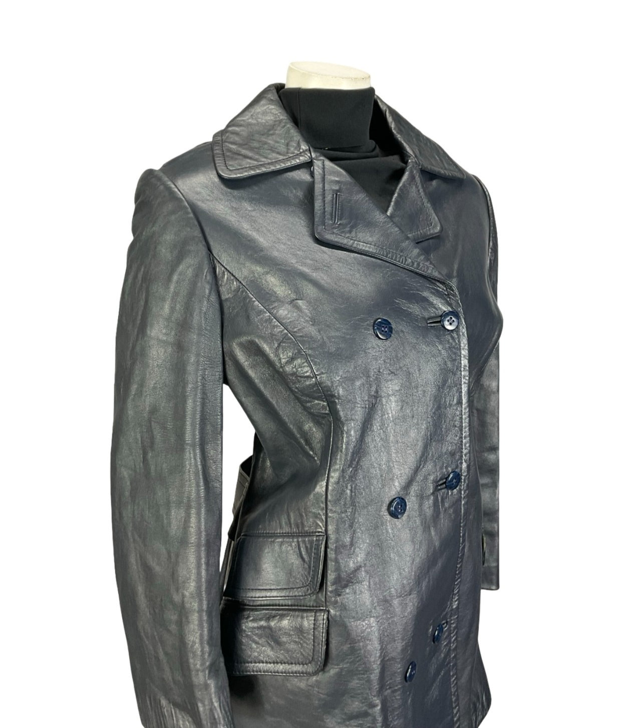 VTG 60S 70S NAVY BLUE LEATHER MOD DOUBLE BREAST CROPPED SLEEVE JACKET 14