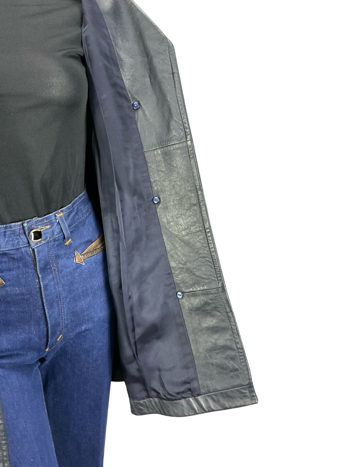 VTG 60S 70S NAVY BLUE LEATHER MOD DOUBLE BREAST CROPPED SLEEVE JACKET 14