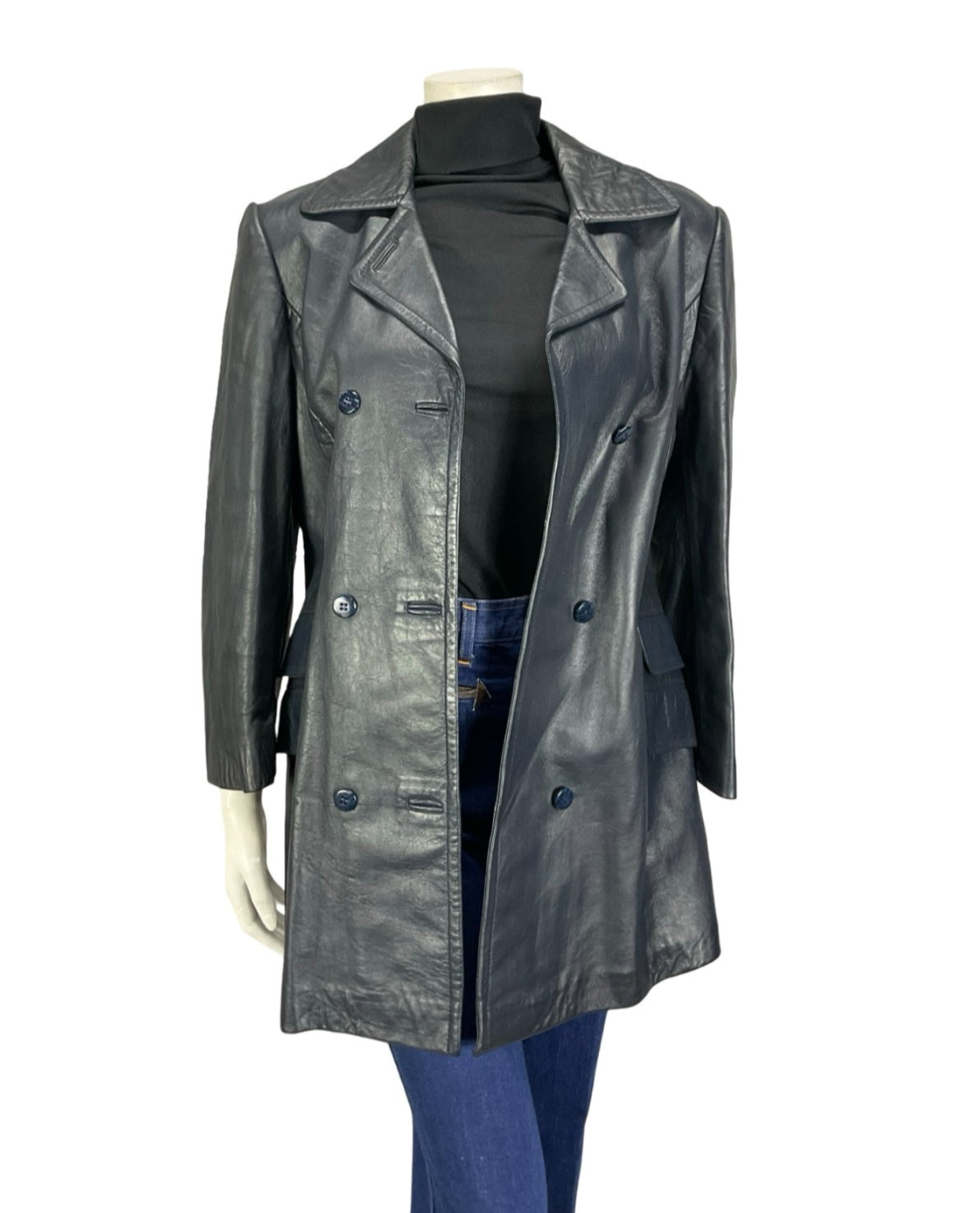 VTG 60S 70S NAVY BLUE LEATHER MOD DOUBLE BREAST CROPPED SLEEVE JACKET 14