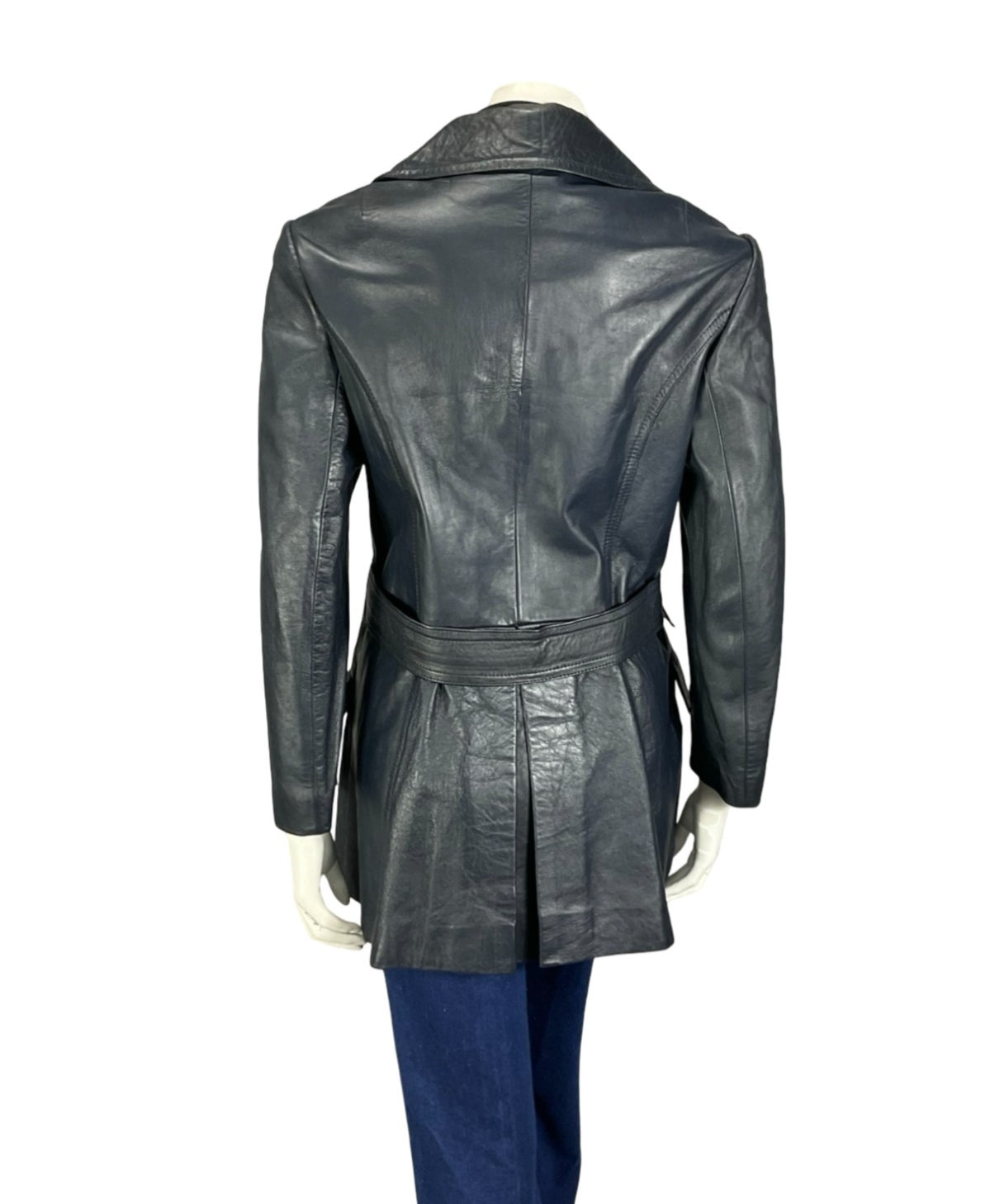 VTG 60S 70S NAVY BLUE LEATHER MOD DOUBLE BREAST CROPPED SLEEVE JACKET 14