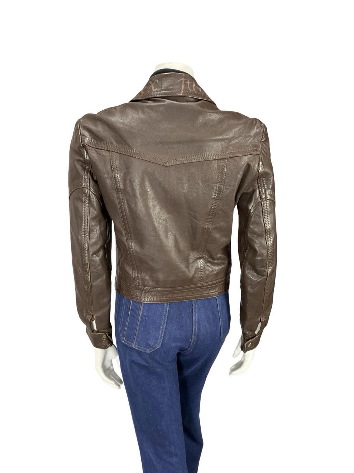 VTG 60S 70S DAGGER COLLAR BROWN LEATHER SIX JUIN GRAFFITI CROPPED JACKET 12