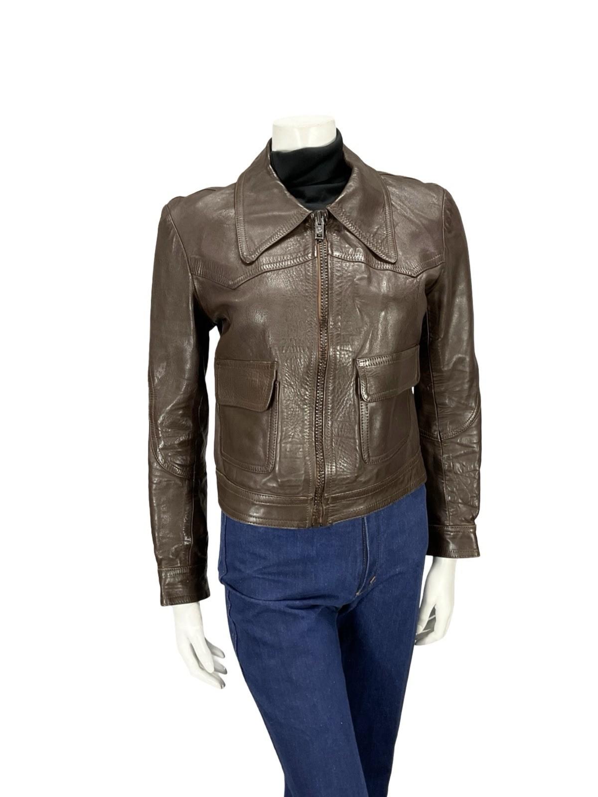 VTG 60S 70S DAGGER COLLAR BROWN LEATHER SIX JUIN GRAFFITI CROPPED JACKET 12