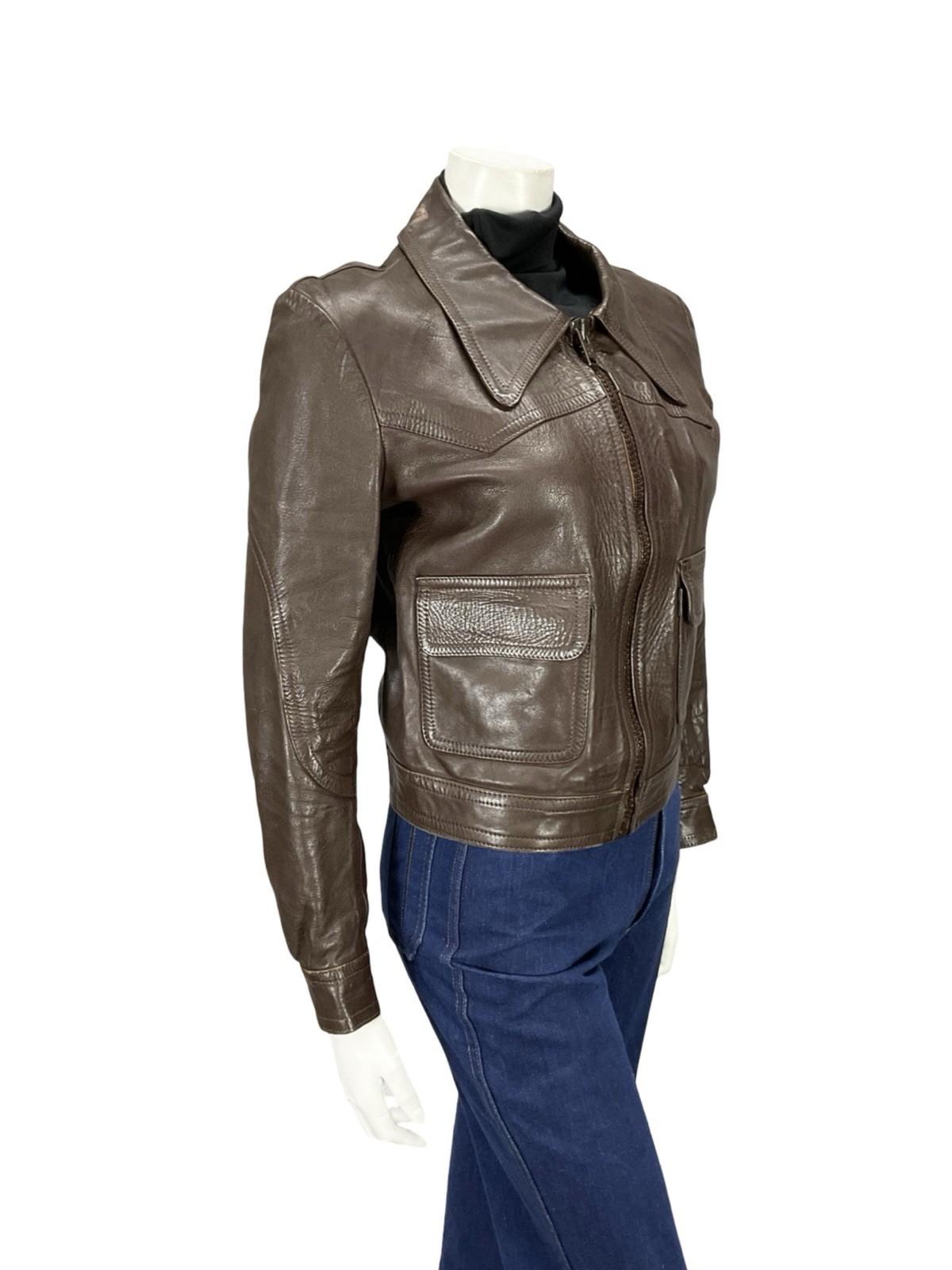 VTG 60S 70S DAGGER COLLAR BROWN LEATHER SIX JUIN GRAFFITI CROPPED JACKET 12