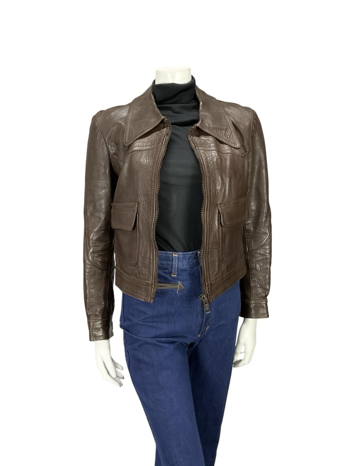 VTG 60S 70S DAGGER COLLAR BROWN LEATHER SIX JUIN GRAFFITI CROPPED JACKET 12