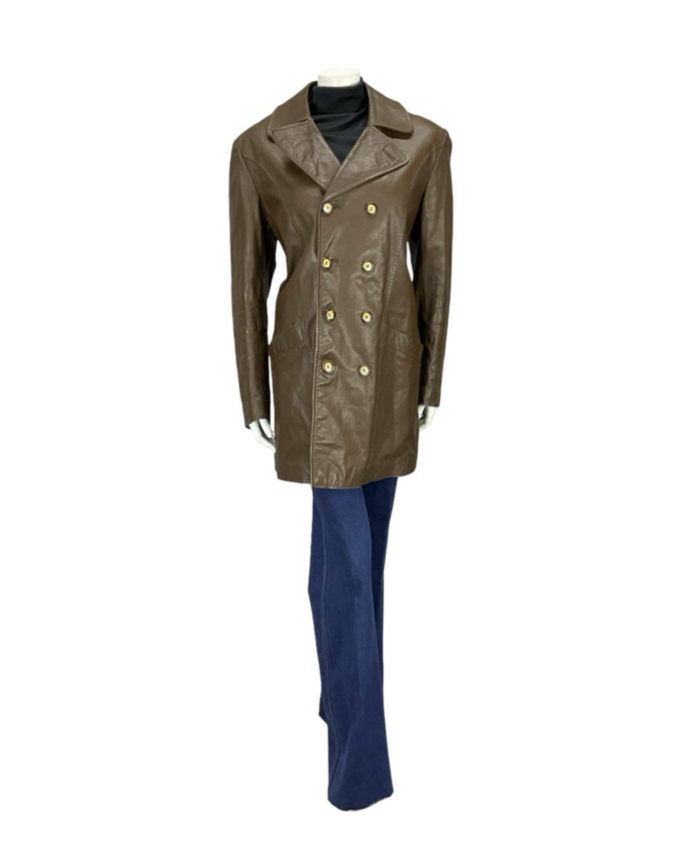 VTG 60S 70S MOD DOUBLE BREAST BROWN LEATHER TRENCH MAC FAUX FUR LINED JACKET 16
