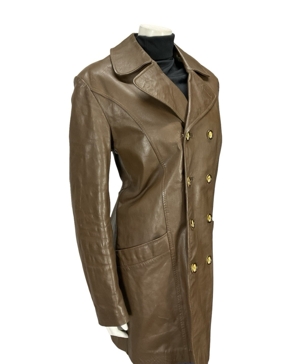 VTG 60S 70S MOD DOUBLE BREAST BROWN LEATHER TRENCH MAC FAUX FUR LINED JACKET 16