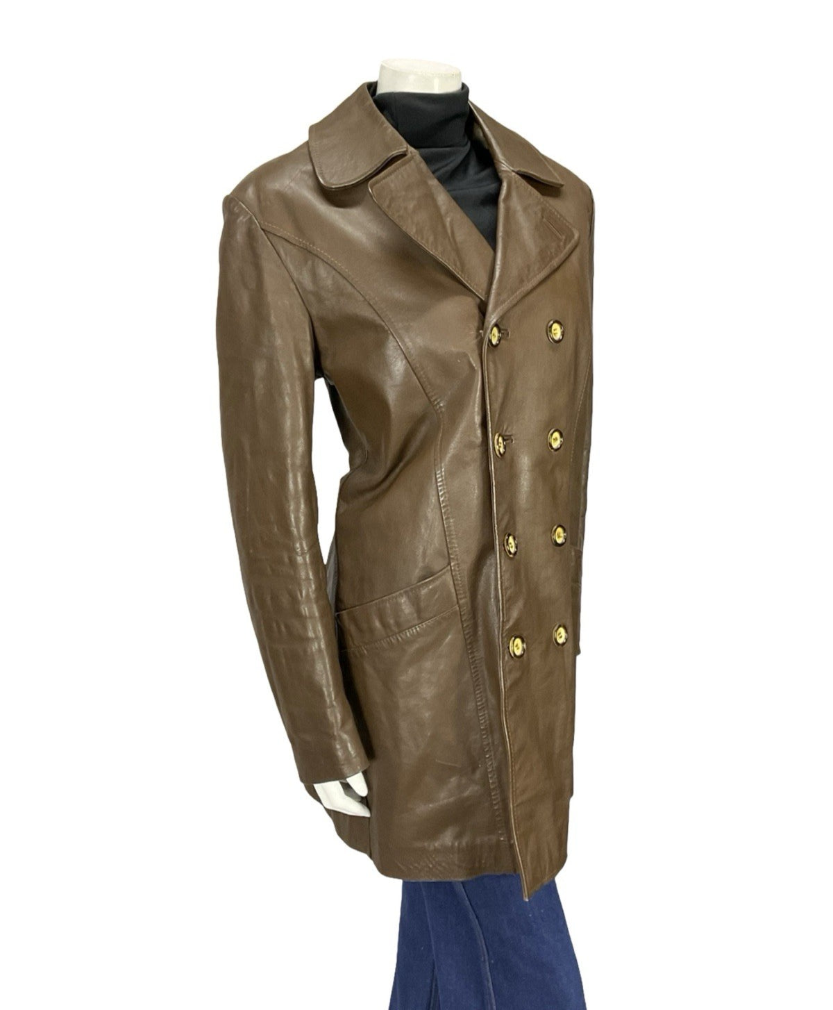 VTG 60S 70S MOD DOUBLE BREAST BROWN LEATHER TRENCH MAC FAUX FUR LINED JACKET 16