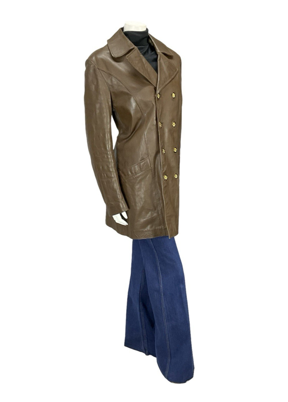 VTG 60S 70S MOD DOUBLE BREAST BROWN LEATHER TRENCH MAC FAUX FUR LINED JACKET 16