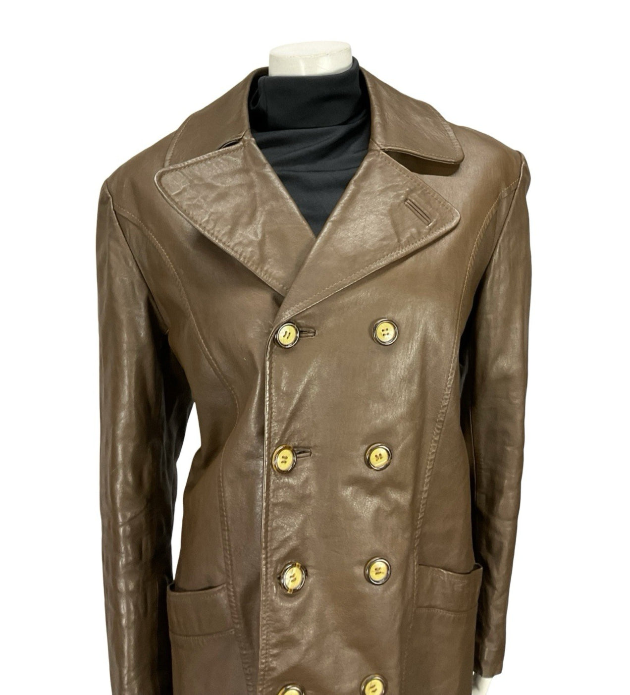 VTG 60S 70S MOD DOUBLE BREAST BROWN LEATHER TRENCH MAC FAUX FUR LINED JACKET 16