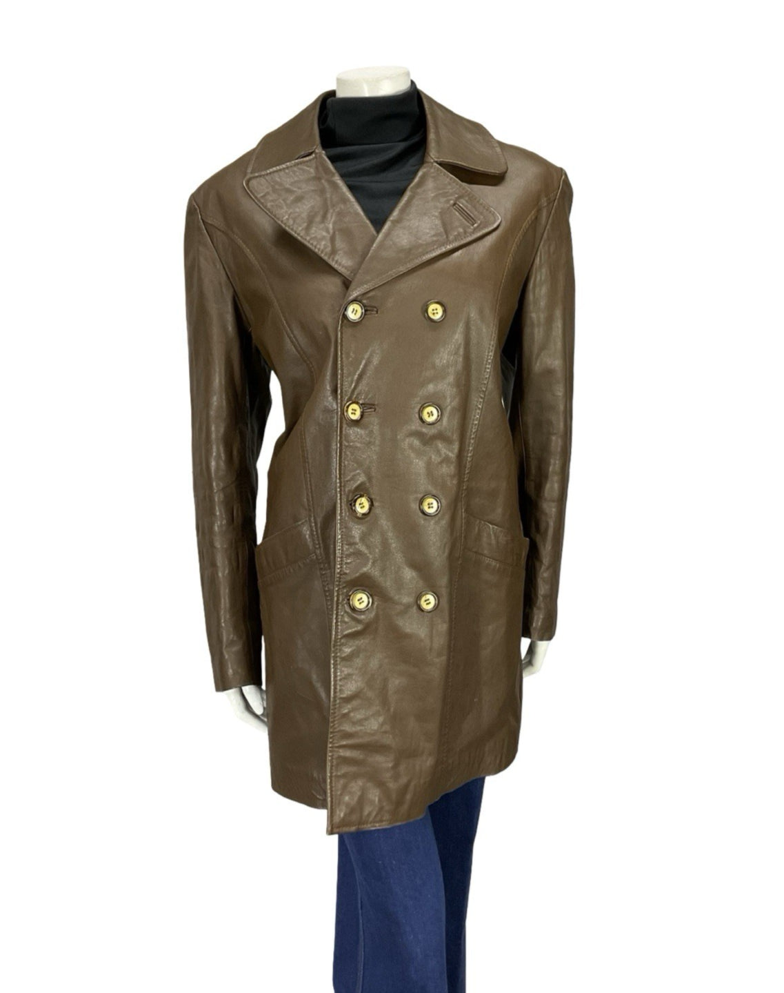 VTG 60S 70S MOD DOUBLE BREAST BROWN LEATHER TRENCH MAC FAUX FUR LINED JACKET 16