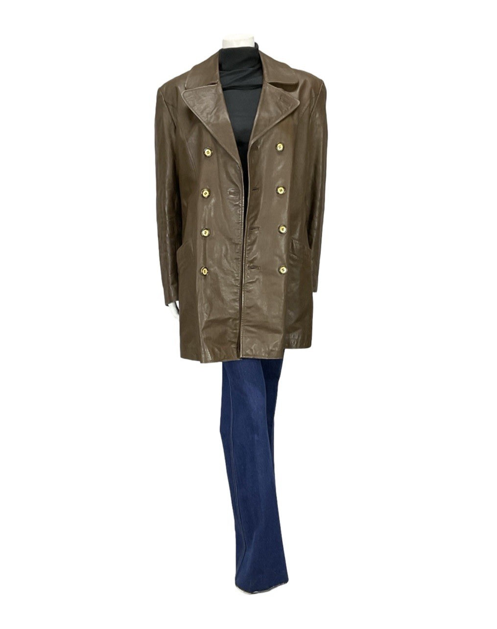 VTG 60S 70S MOD DOUBLE BREAST BROWN LEATHER TRENCH MAC FAUX FUR LINED JACKET 16