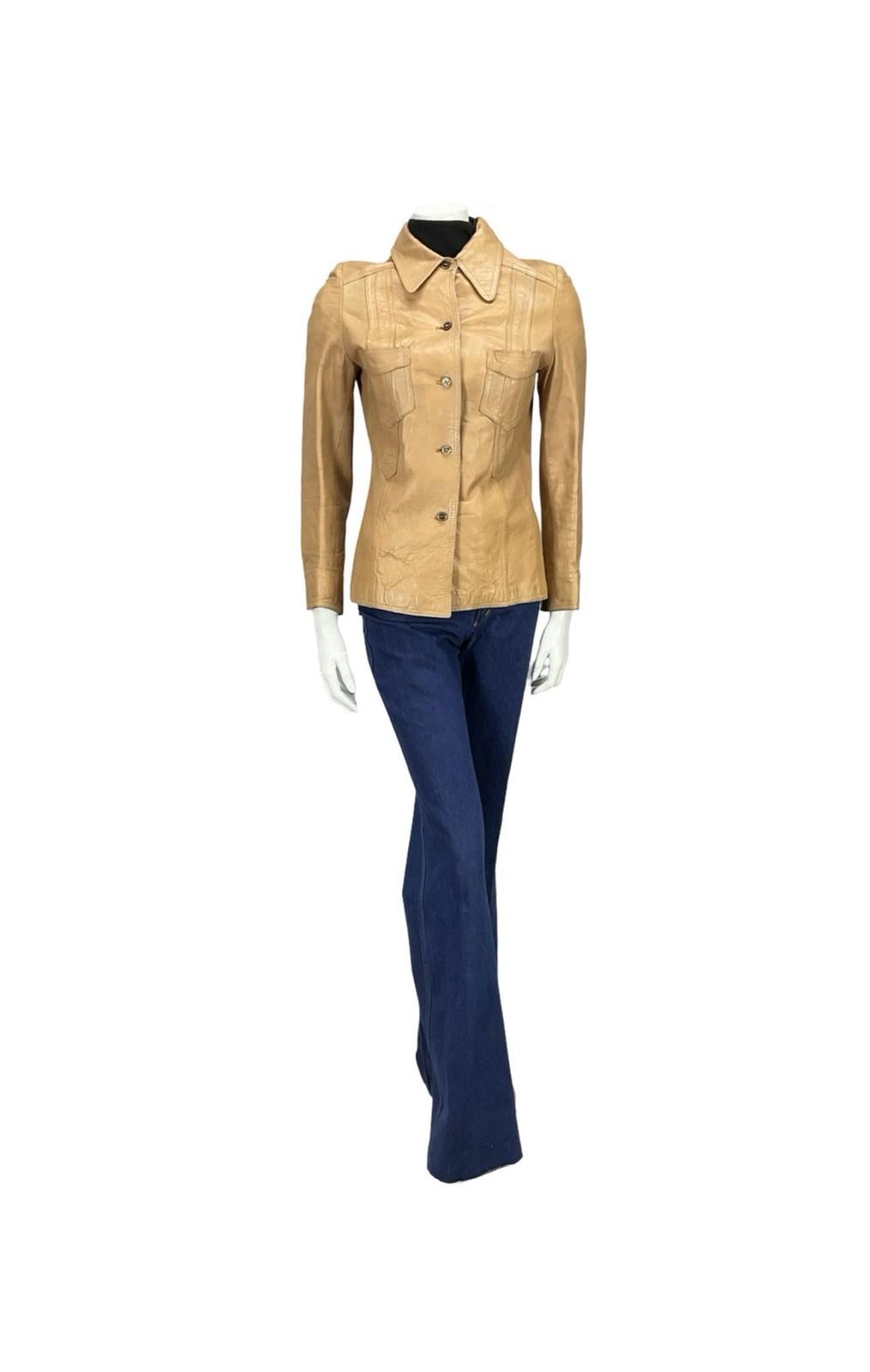 VTG 60S 70S BEIGE TAN LEATHER DAGGER COLLAR MOD WESTERN LEATHER JACKET XS 6