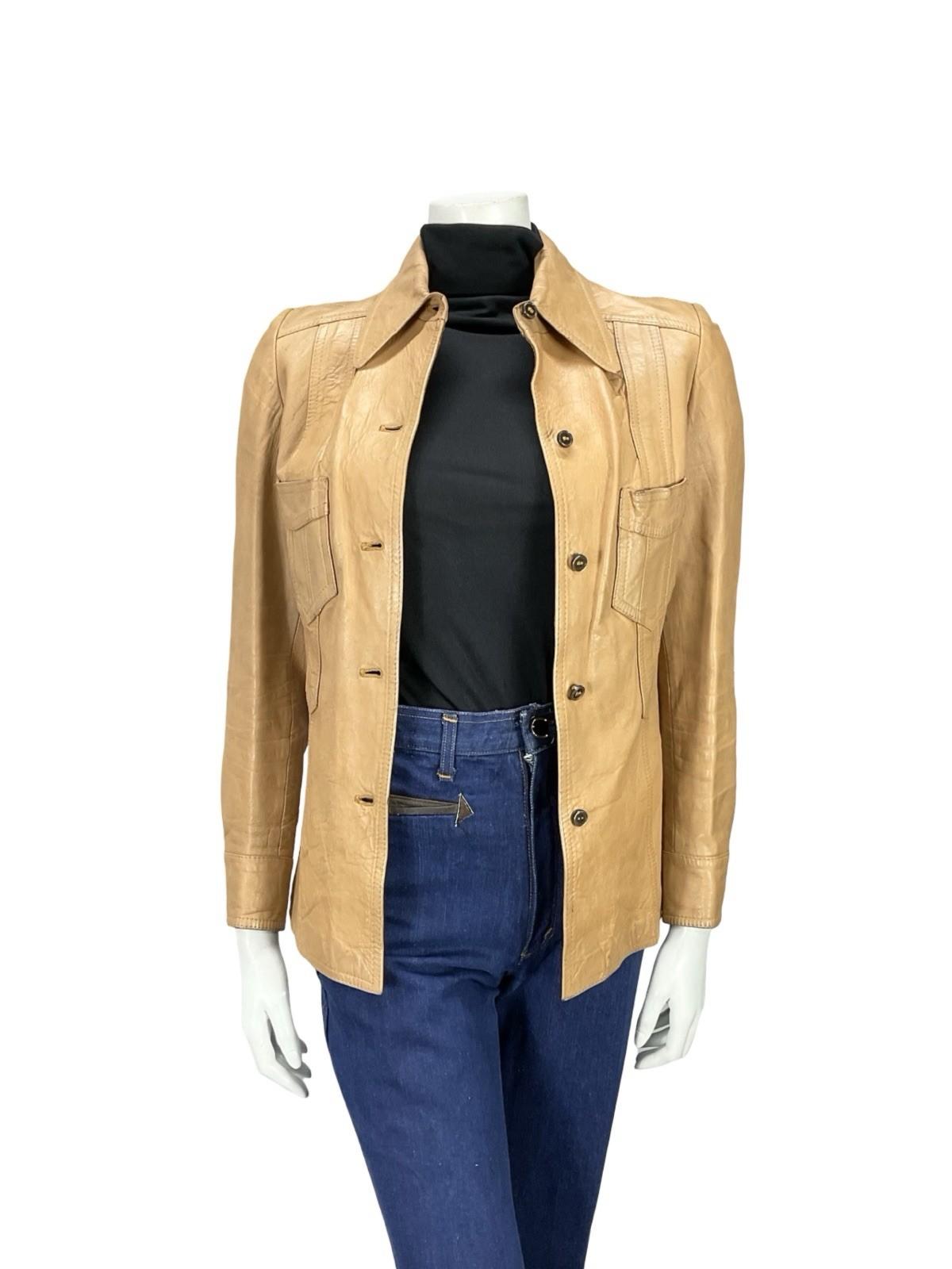 VTG 60S 70S BEIGE TAN LEATHER DAGGER COLLAR MOD WESTERN LEATHER JACKET XS 6