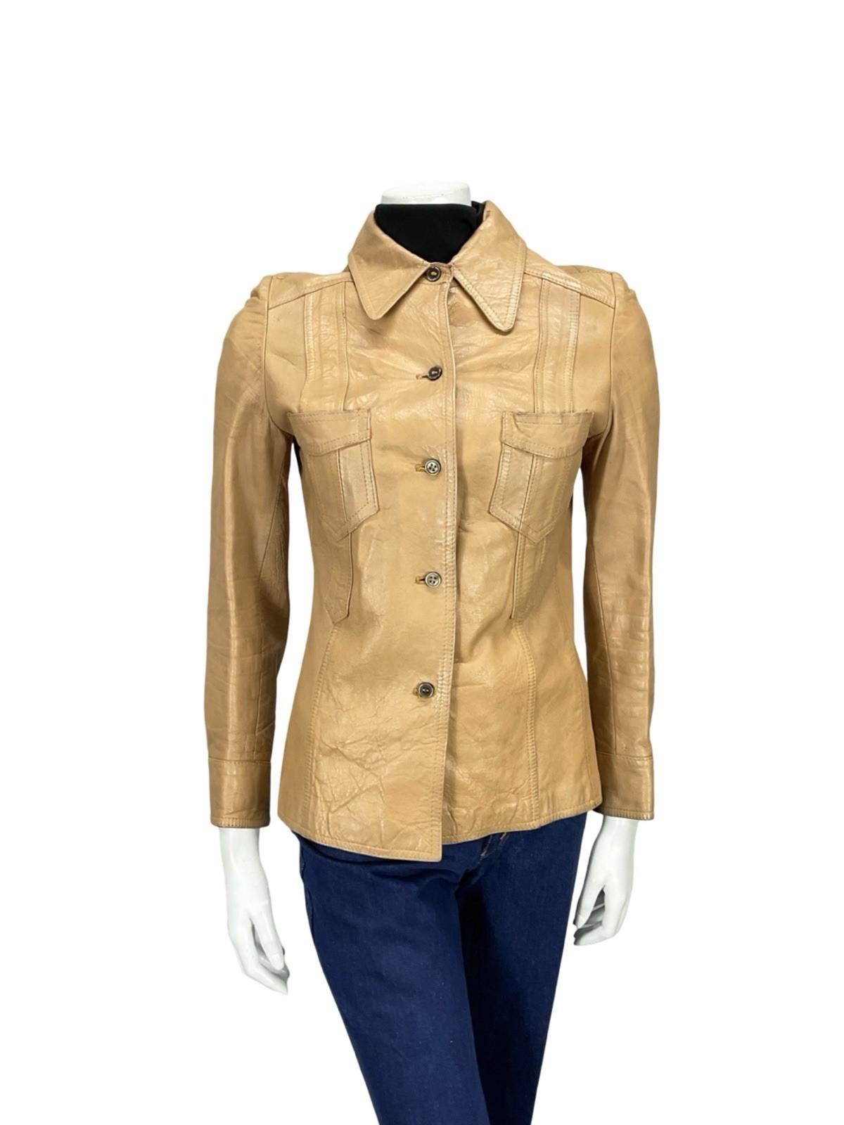 VTG 60S 70S BEIGE TAN LEATHER DAGGER COLLAR MOD WESTERN LEATHER JACKET XS 6