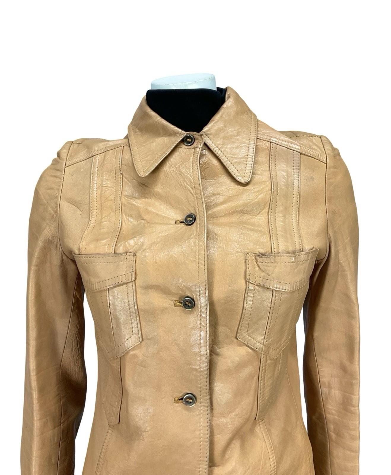 VTG 60S 70S BEIGE TAN LEATHER DAGGER COLLAR MOD WESTERN LEATHER JACKET XS 6