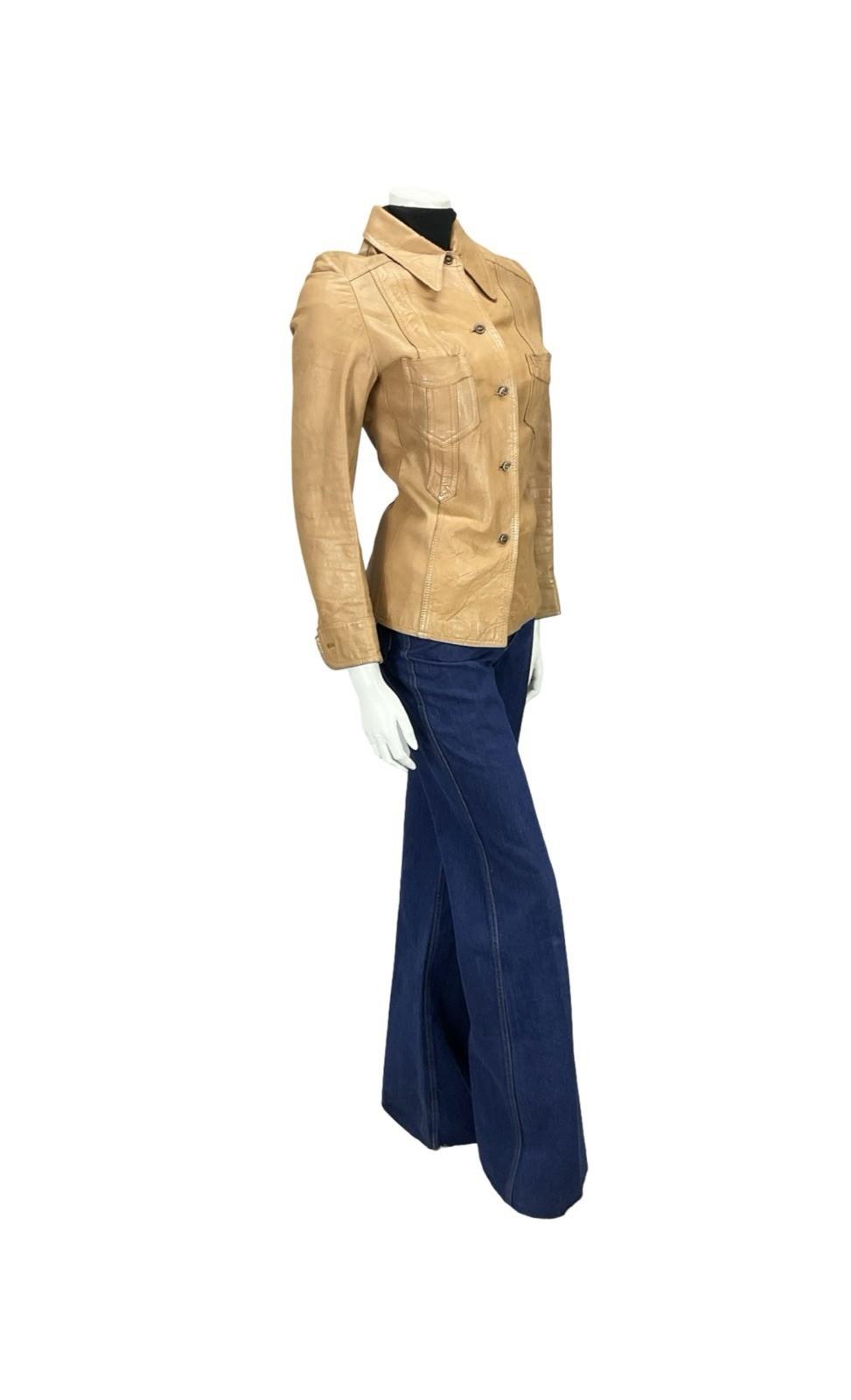 VTG 60S 70S BEIGE TAN LEATHER DAGGER COLLAR MOD WESTERN LEATHER JACKET XS 6