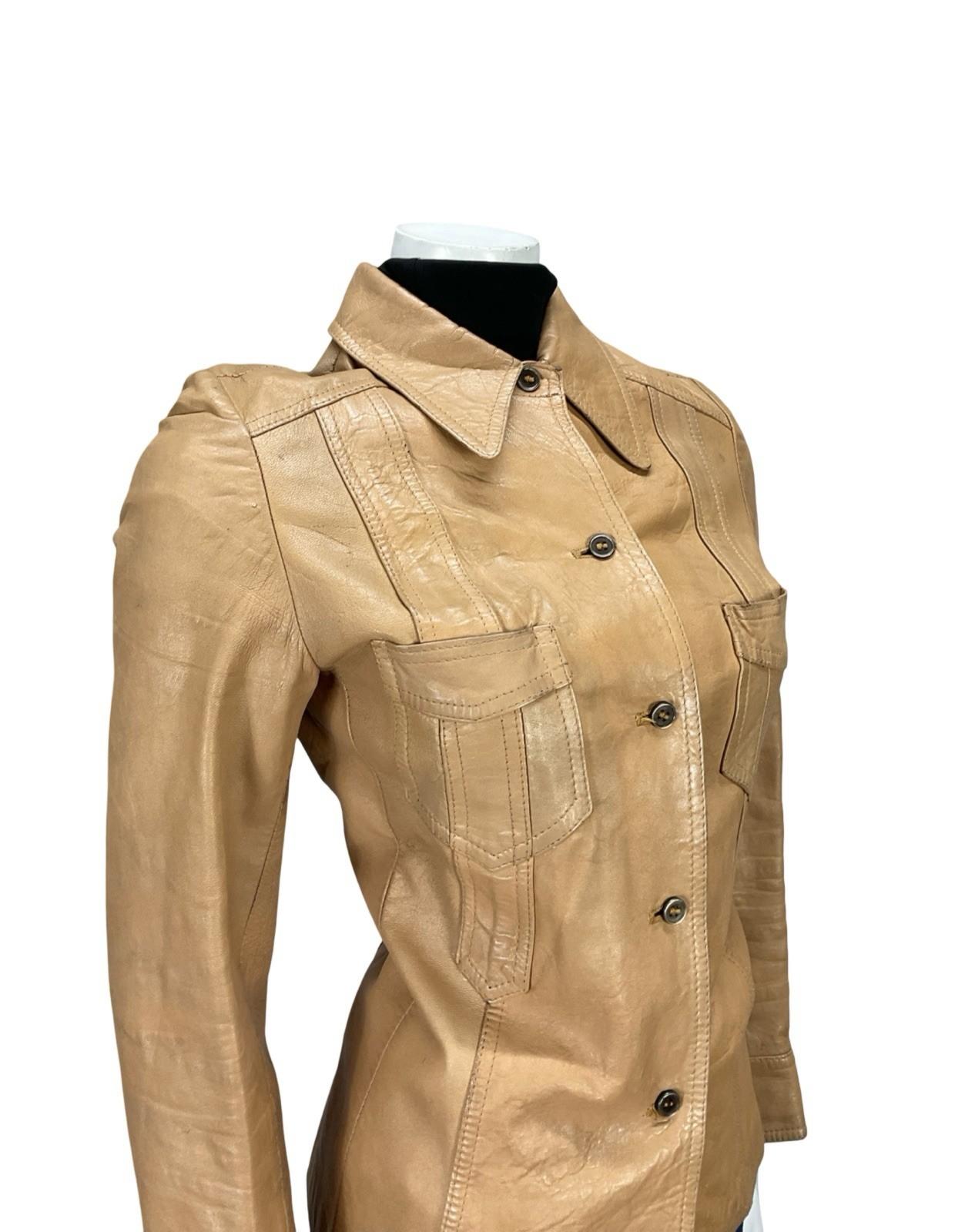VTG 60S 70S BEIGE TAN LEATHER DAGGER COLLAR MOD WESTERN LEATHER JACKET XS 6