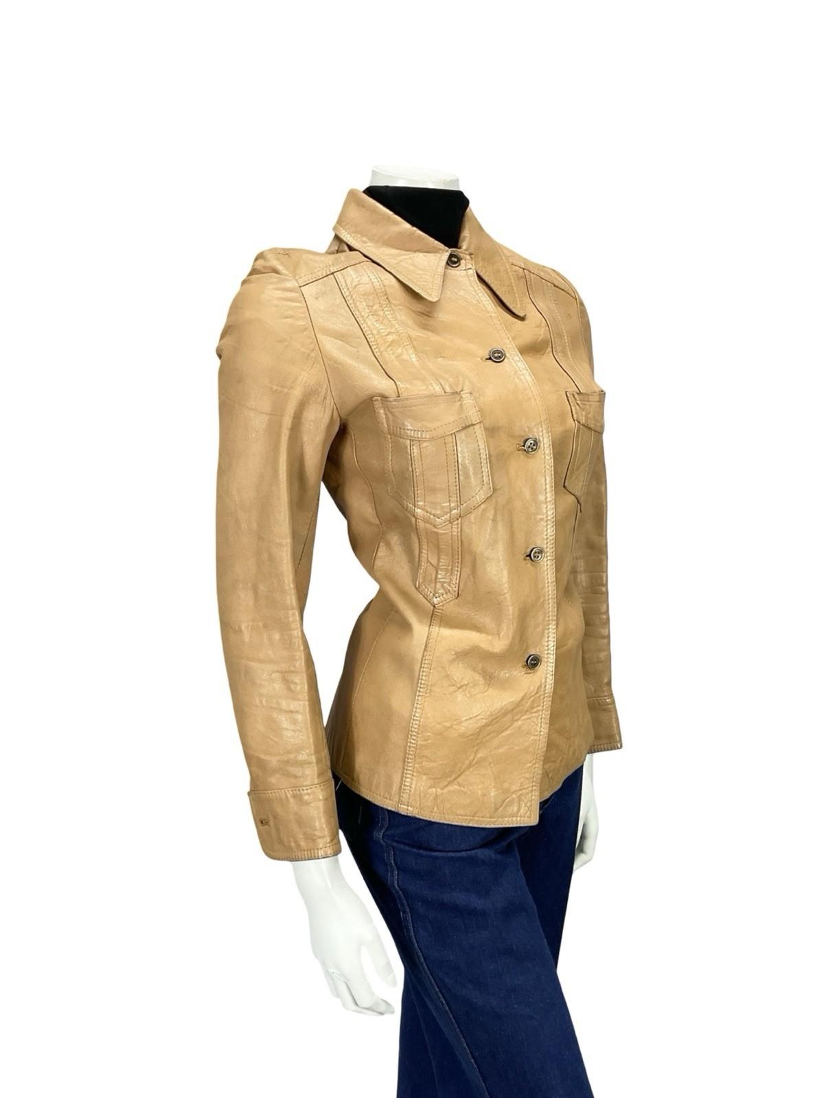 VTG 60S 70S BEIGE TAN LEATHER DAGGER COLLAR MOD WESTERN LEATHER JACKET XS 6