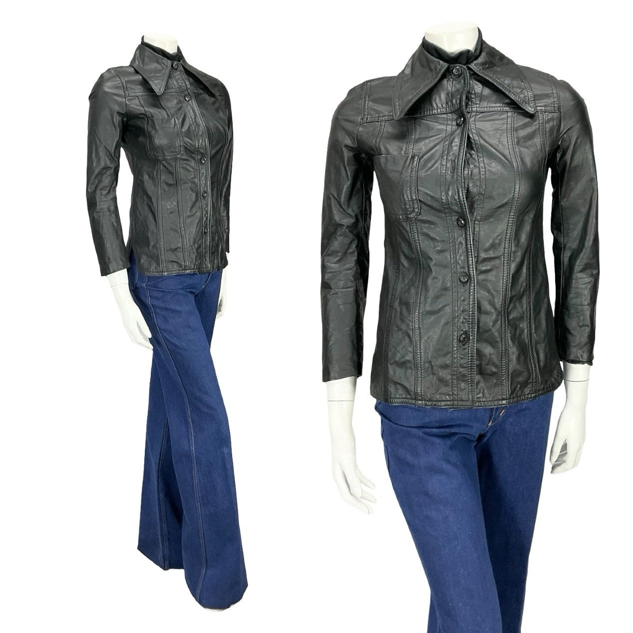 VTG 60S 70S MOD PUNK DAGGER COLLAR JET BLACK LEATHER JACKET XS 4