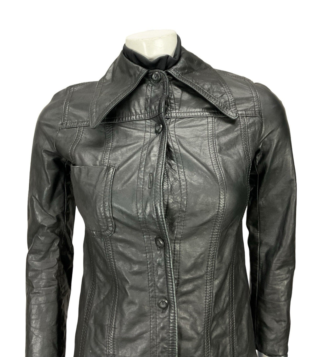 VTG 60S 70S MOD PUNK DAGGER COLLAR JET BLACK LEATHER JACKET XS 4
