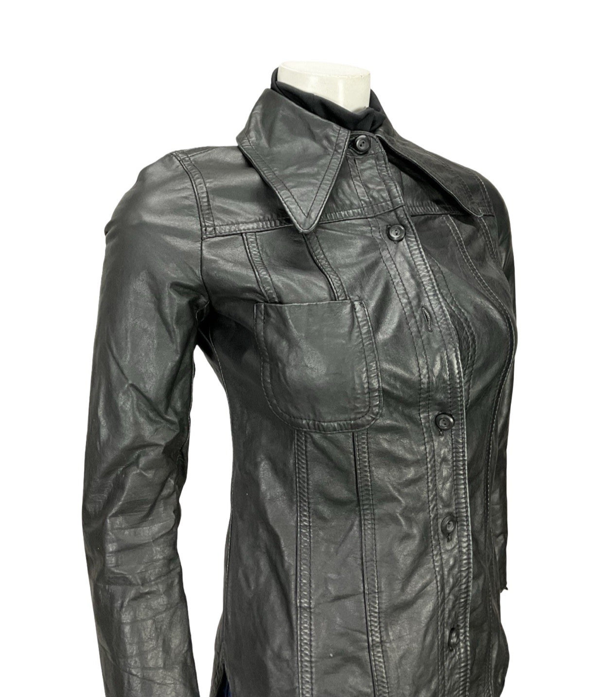 VTG 60S 70S MOD PUNK DAGGER COLLAR JET BLACK LEATHER JACKET XS 4