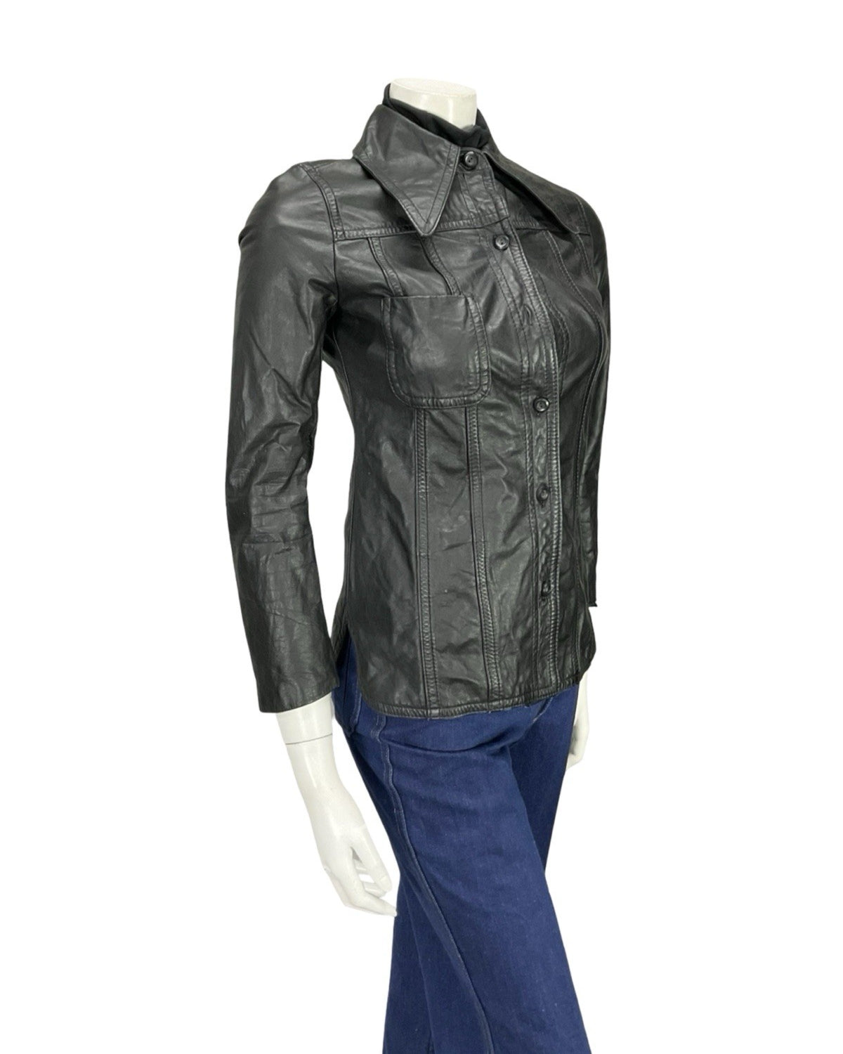 VTG 60S 70S MOD PUNK DAGGER COLLAR JET BLACK LEATHER JACKET XS 4