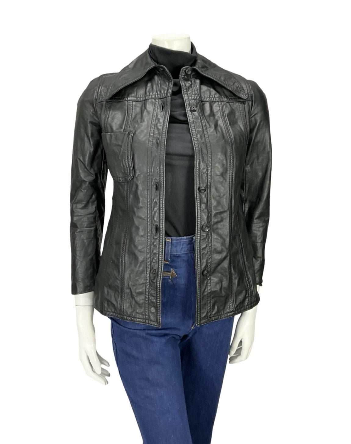 VTG 60S 70S MOD PUNK DAGGER COLLAR JET BLACK LEATHER JACKET XS 4